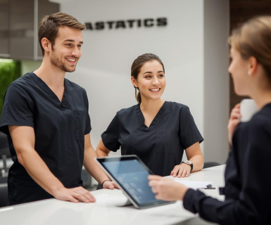 Medical spa professionals using the medical spa management software to schedule a follow up appointment with a client.