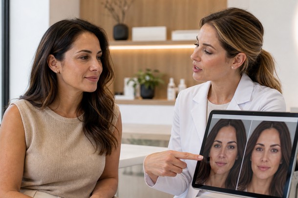 Provider reviewing AI-edited facial reference images with a client using an EMR for medical spa consultation.