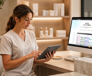 Medical spa professional using connected medical spa software systems on a tablet and desktop computer.