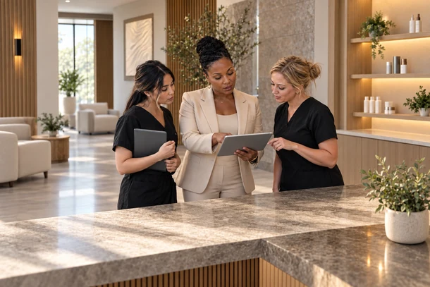 Med spa team preparing for peak holiday demand with medical aesthetics software and an organized front desk.