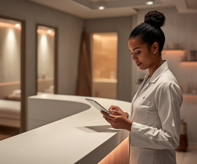 Medical spa staff member reviewing online appointment bookings on a tablet at a modern reception desk.