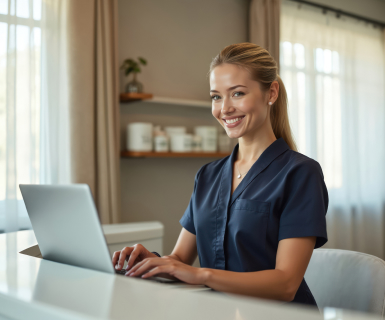 Practitioner using online medical spa software to book an aesthetic treatment appointment for her client.