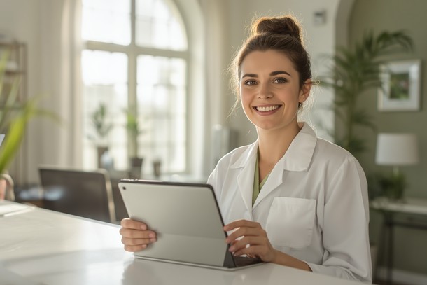Smiling medical spa front desk coordinator using a tablet, showing how easy good medi spa software makes the day