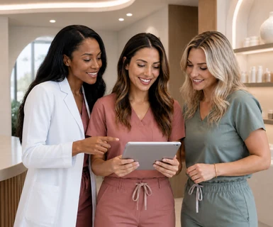 Medical spa team reviewing medi spa software together on a tablet in a bright, modern aesthetic practice.