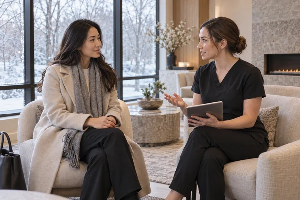 Client planning winter aesthetic procedures with a provider using a medical spa software system.
