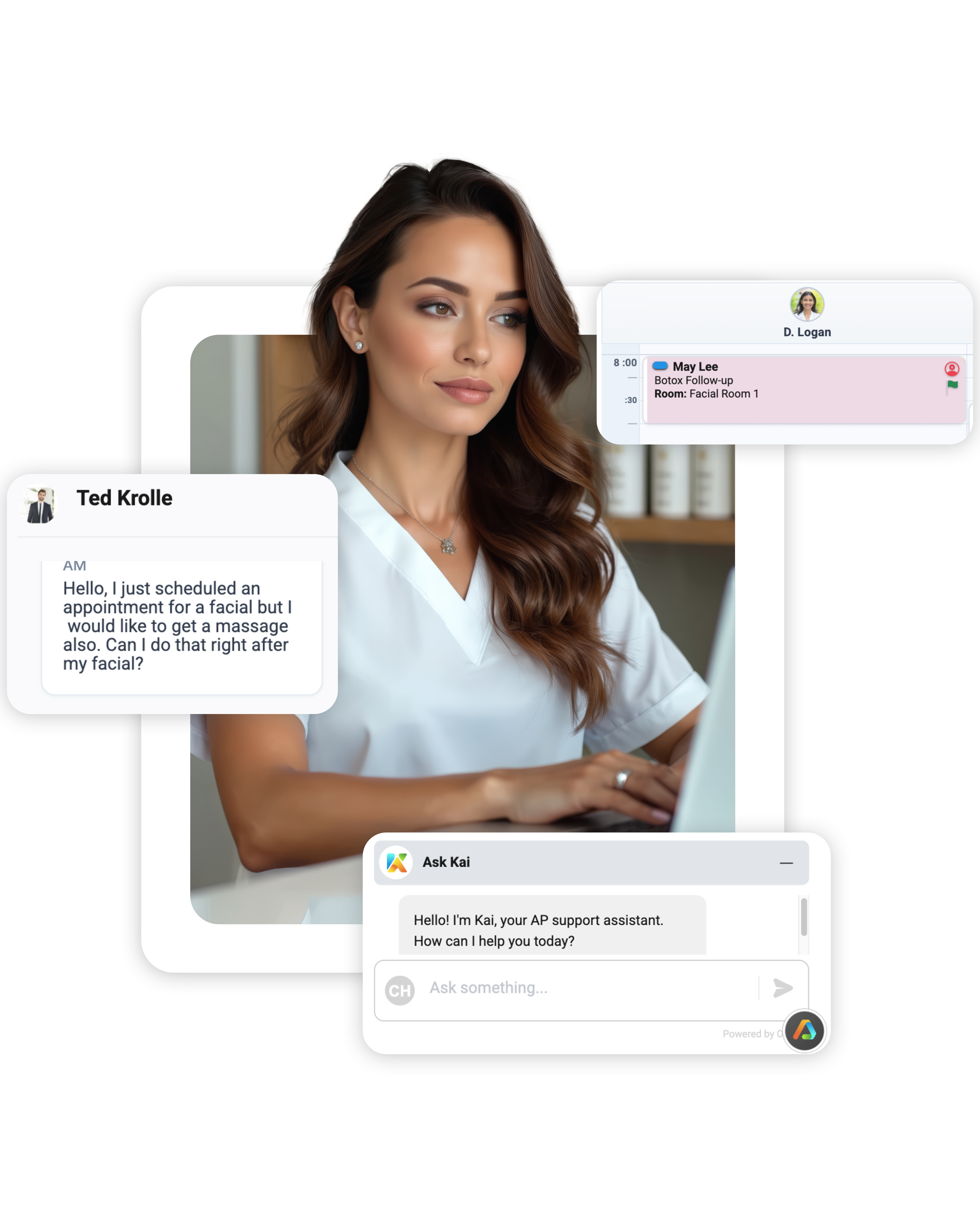 Medical spa staff in white scrubs reviewing information together