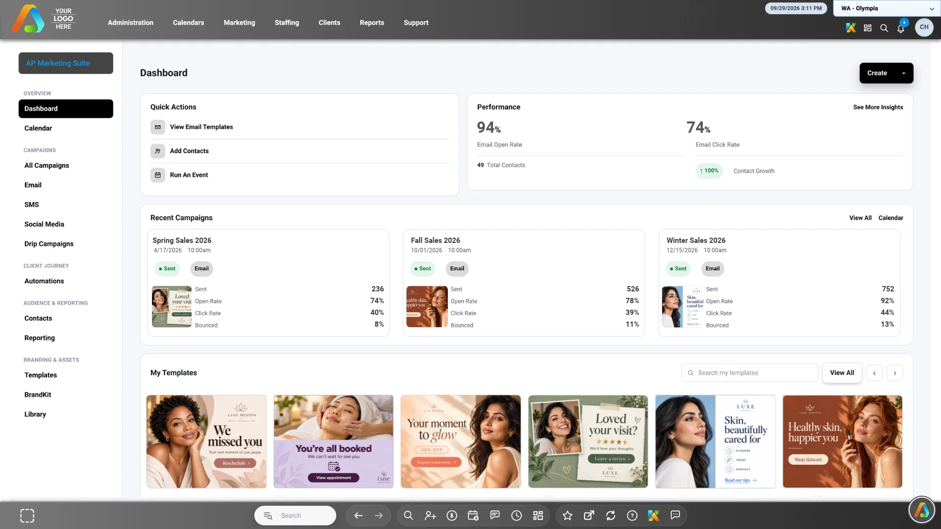 AI-powered marketing suite dashboard for campaign and client engagement management