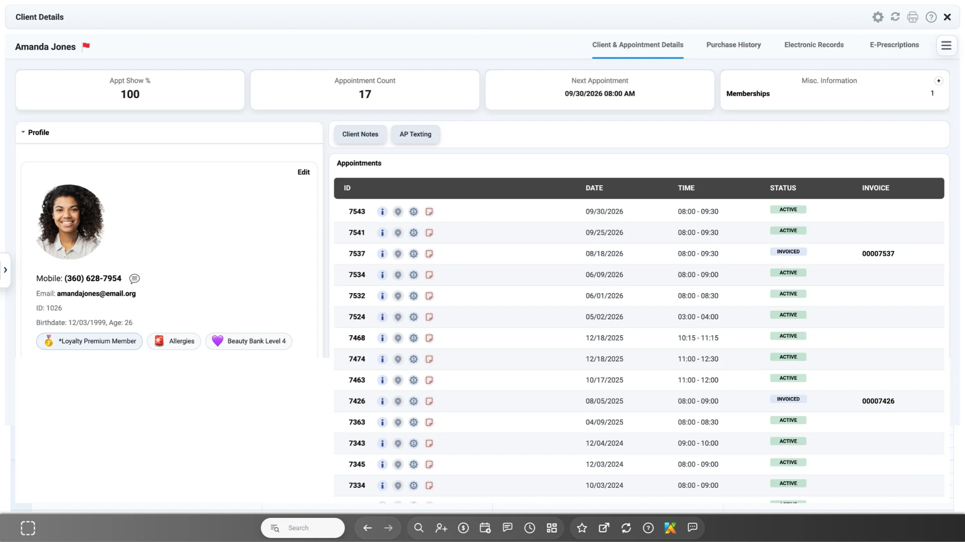 Client details profile and appointment history in medical spa software