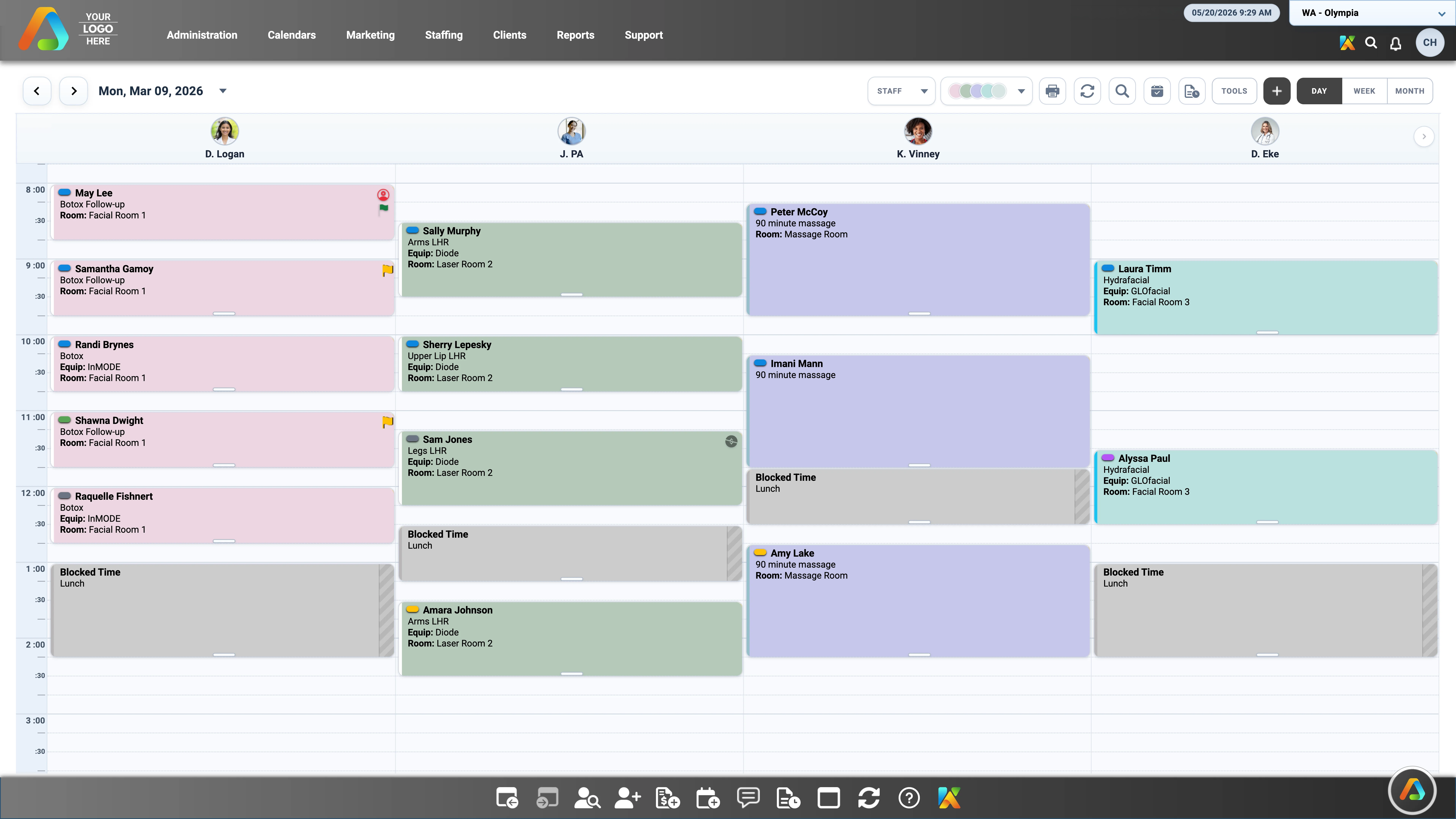 Staff appointments organized by day inside medspa software