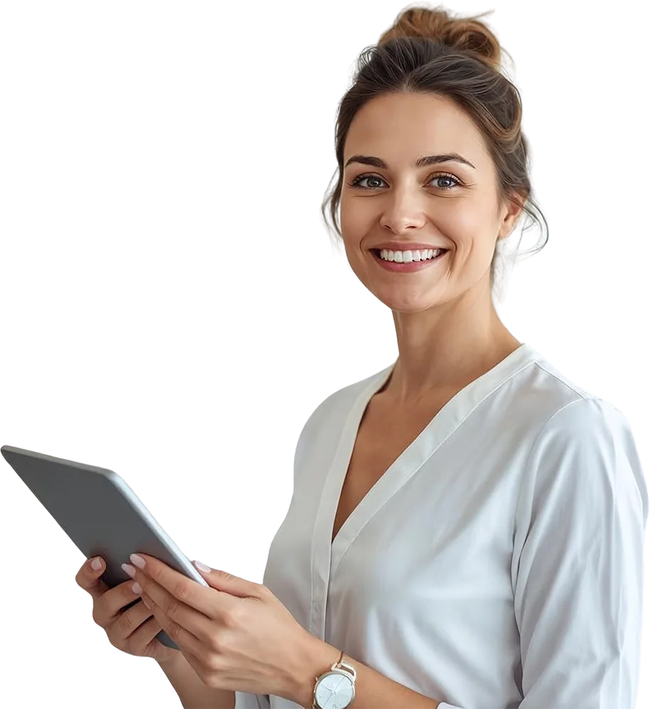 Medspa professional with tablet next to medspa software FAQ section